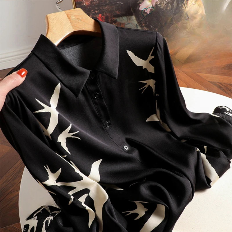 Top Trends: Satin Women's Shirts New Silk Prints Vintage Blouses Polo Necks Clothing Spring / Summer Long Sleeves Loose FASHION Tops YCMYUNYAN Shoppable Styles