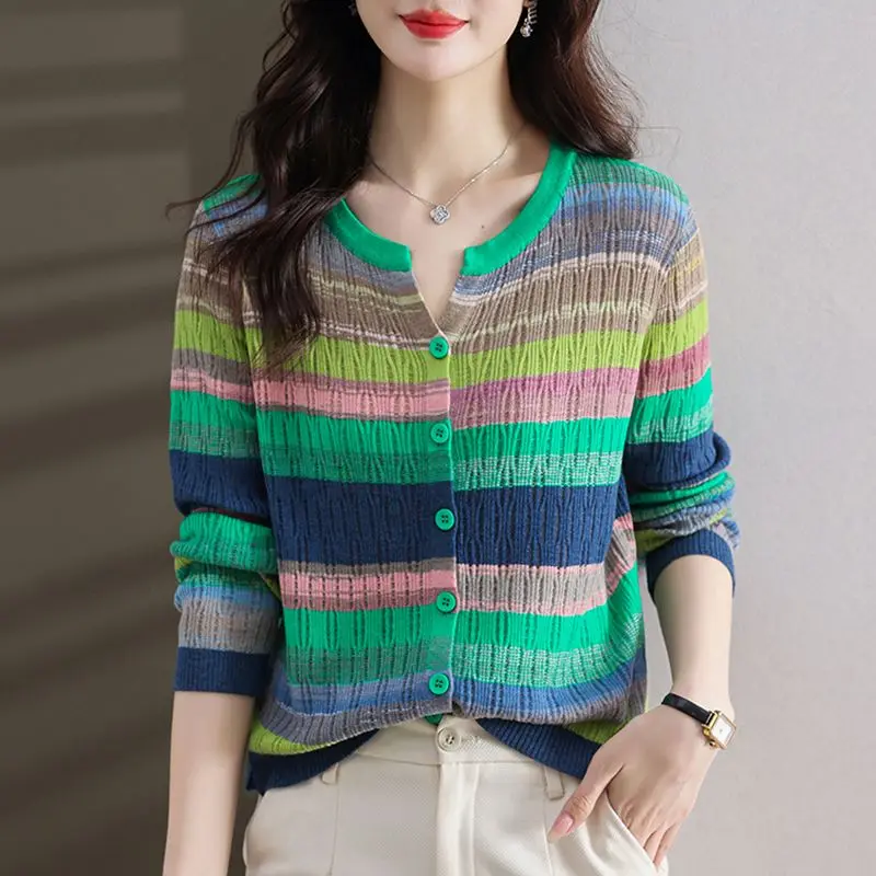 Top Trends: Fashion Women Clothing Colorful Striped Cardigan Sweater Spring Autumn New Korean Versatile Casual Long Sleeve Knitted Coats Shoppable Styles