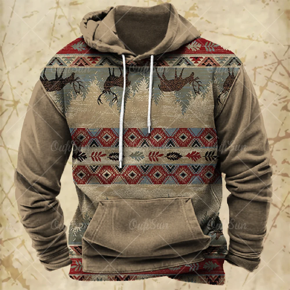 Top Trends: Men Hooded Vintage Print Sweatshirt Ethnic Style Hoodie Autumn And Winter Oversized Casual Men&#039;s Clothing Daily Street Pullover Shoppable Styles