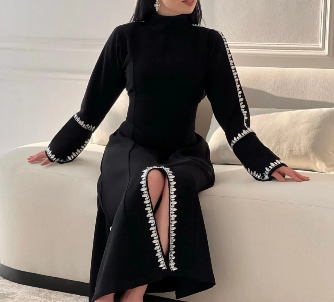 Top Trends: Vintage Black Front Slit Prom Dresses Saudi Arabia Women Evening Dress High Collar Rhinestone Long Sleeves Formal Party Gowns Shoppable Styles