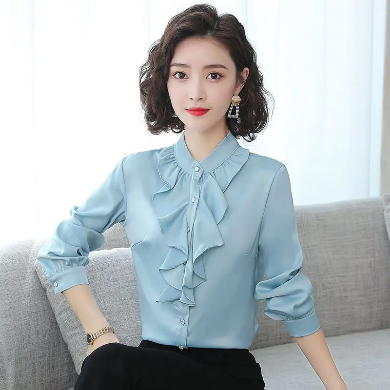 Top Trends: Korean Fashion Office Lady Chiffon Blouse Ruffles Long Sleeve Spring Autumn Loose Cardigan Solid White Women Elegant Shirt 2022 Shoppable Styles - Image 3