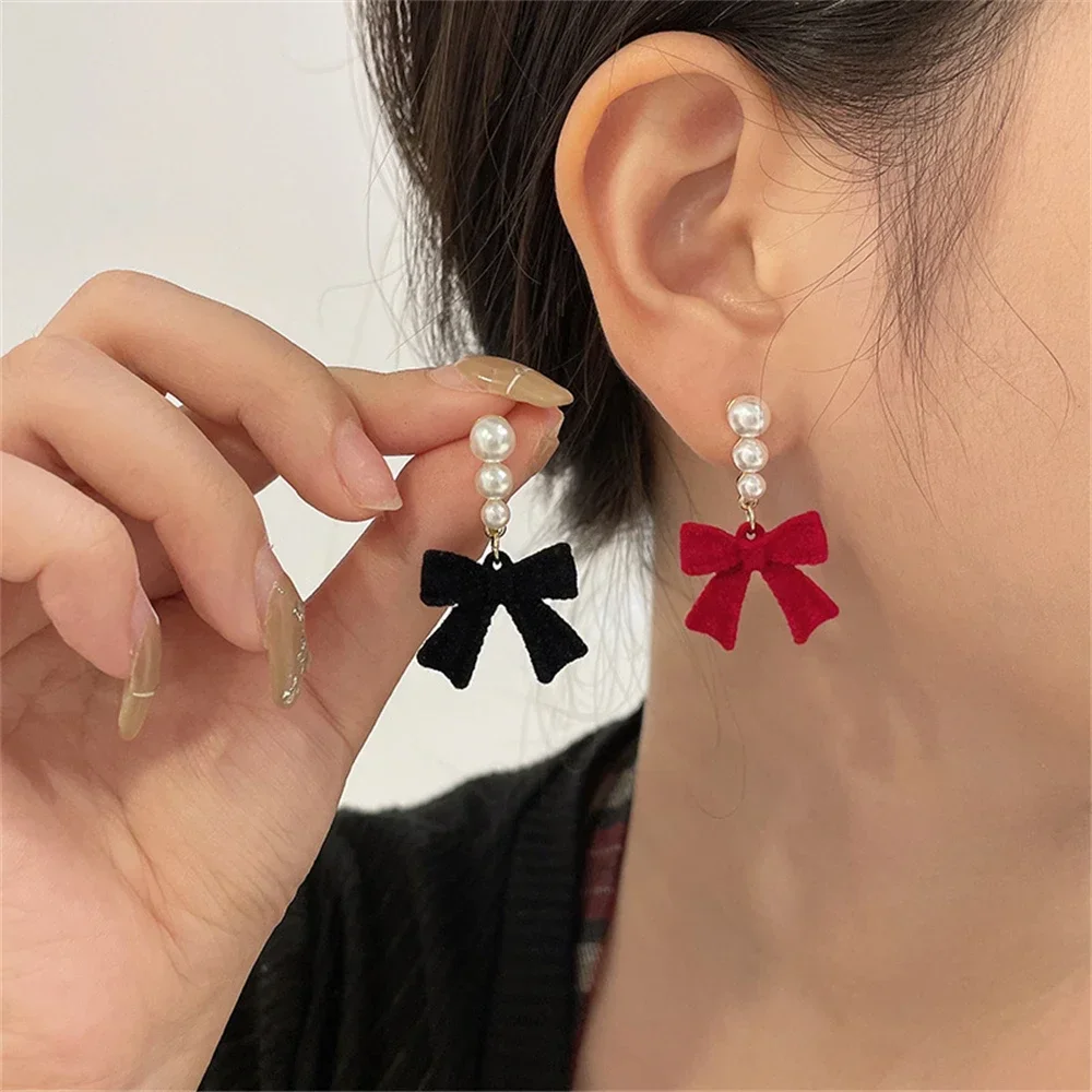 Top Trends: Sweet Bowknots Imitation Pearl Flocked Earrings For Women Girls Elegant Red Black Ear Accessories Fashion Jewelry Exquisite Gift Shoppable Styles