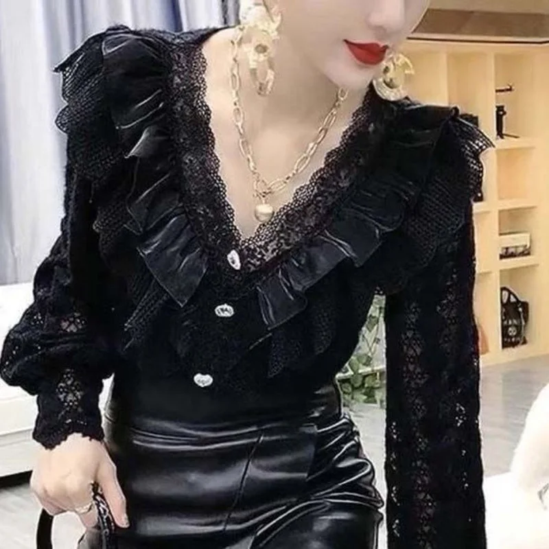 Top Trends: Fashion Spliced Lace Hollow Out Ruffles Blouses Women's Clothing 2023 Autumn New Loose All-match Pullovers Office Lady Shirts Shoppable Styles