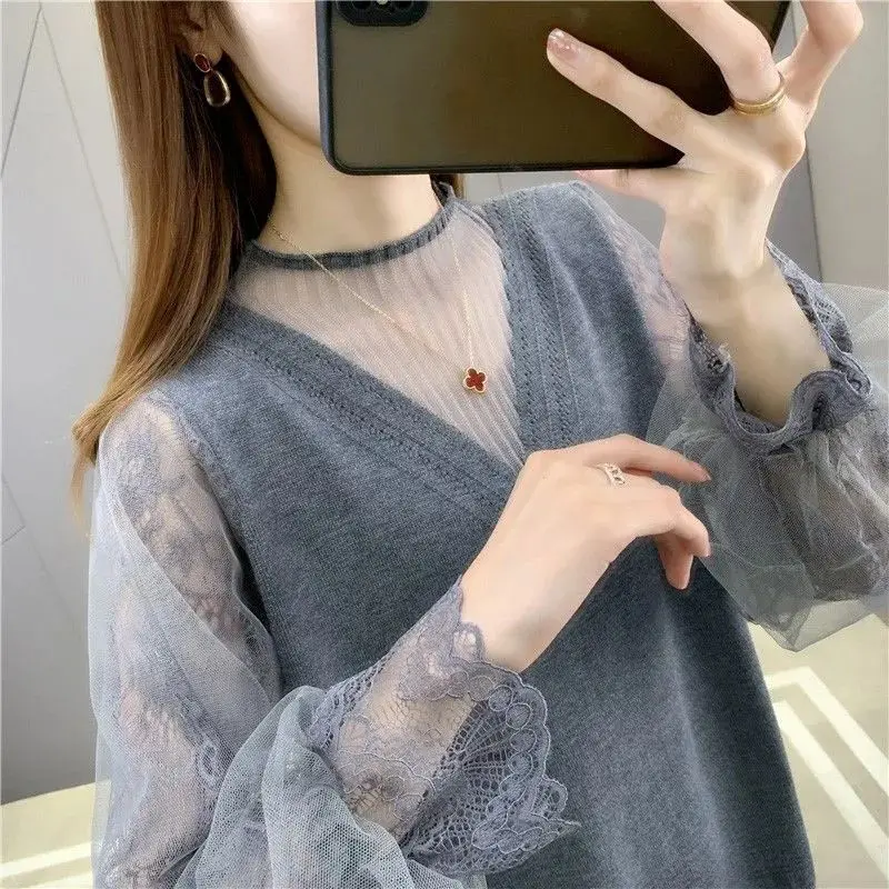 Top Trends: Fashion Gauze Lace Fake Two Pieces Princess Sleeve Blouses Female Clothing 2023.Autumn New Loose All-match Tops Sweet Shirts Shoppable Styles