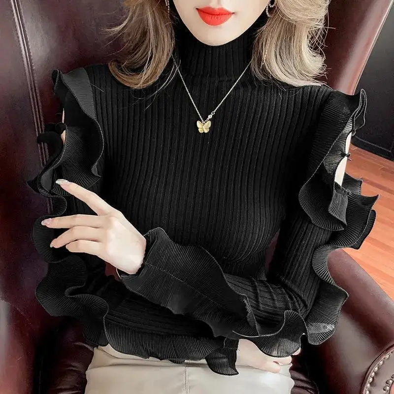 Top Trends: Fashion Turtleneck Spliced Ruffles Off Shoulder Sweater Women's Clothing 2023 Winter New Casual Pullovers Loose Sweet Tops Shoppable Styles - Image 2