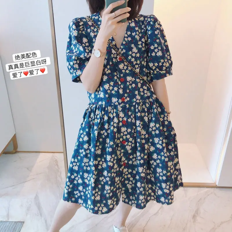 Top Trends: Summer New Vintage Floral Ladies Dresses V Neck Short Sleeve Loose Button Mini Dress Fashion Elegant Women Clothing Shoppable Styles