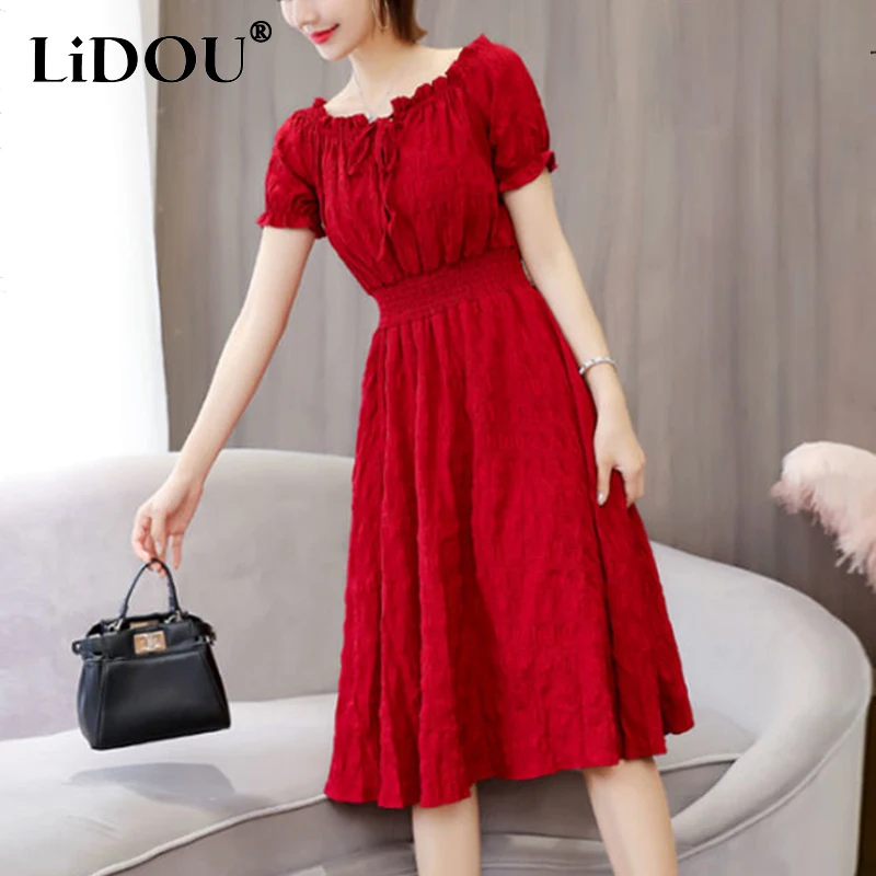 Top Trends: Summer New Solid Color Folds Lace Up Chiffon Dress Ladies One Word Collar Casual Fashion Waist Midi A-line Robe Femme Vestidos Shoppable Styles