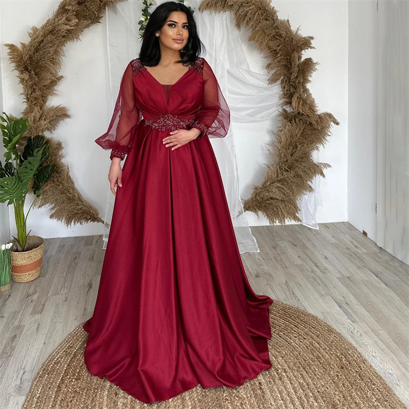 Top Trends: Nersesyan Red V Neck Elegant Evening Dress Tulle Puff Long Sleeves Formal Party Dresses Glitter Satin Pleated Prom Gowns 2023 Shoppable Styles