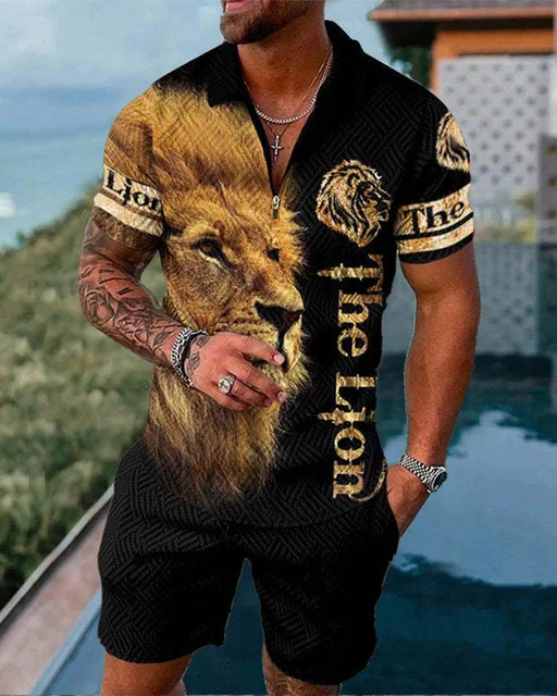 Top Trends: 2023 The Lion Men&#039;s Tracksuit Summer Short Sleeve Polo Shirt And Shorts Suit 2 Piece Sets Male Clothing Streetwear Polos For Men Shoppable Styles