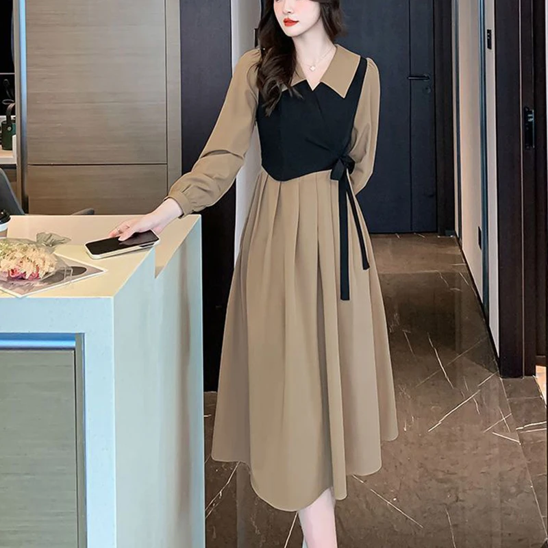 Top Trends: Spring Summer Fake Two Piece Bandage Elegant Fashion Dress Lady Long Sleeve Casual All-match Midi Vestidos Female Robe Dresses Shoppable Styles - Image 4