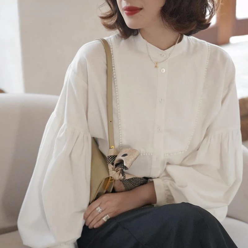 Top Trends: Blouse White Solid Color Simple And Elegant Casual O Collar Lantern Sleeve Design Top Women's Fashion Retro Latest Chic Shoppable Styles