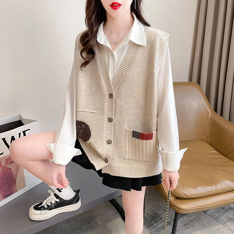 Top Trends: 2023 Autumn And Winter Women's Pullover V-neck Button Pockets Printing Loose Sweater Fashion Casual Elegant Sleeveless Vest Tops Shoppable Styles