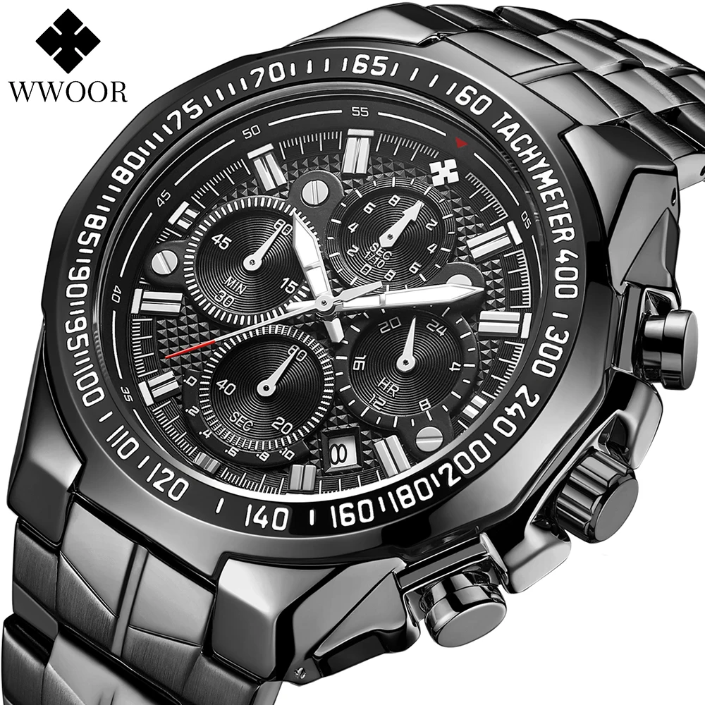 Top Trends: WWOOR Fashion Military Big Watches For Men Full Black Sport Quartz Watch Top Brand Luxury Stainless Steel Waterproof Wrist Watch Shoppable Styles