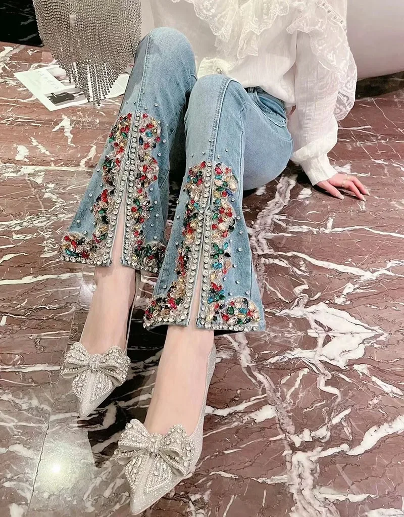 Top Trends: Flare Jeans For Women 2023 Spring New Korean Style Sweet Denim Pants Heavy Industry Colorful Crystals Slit Bootcut Trousers Shoppable Styles - Image 6