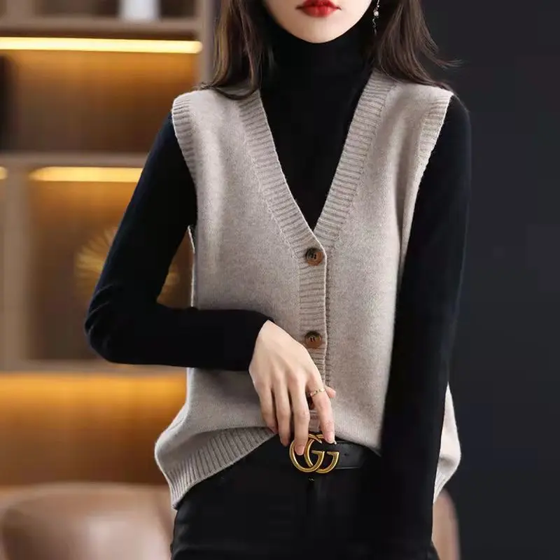 Top Trends: 2023 Autumn And Winter Women's V-neck Patchwork Button Slim Solid Color Loose Fashion Casual Elegant Sleeveless Sweater Vest Shoppable Styles