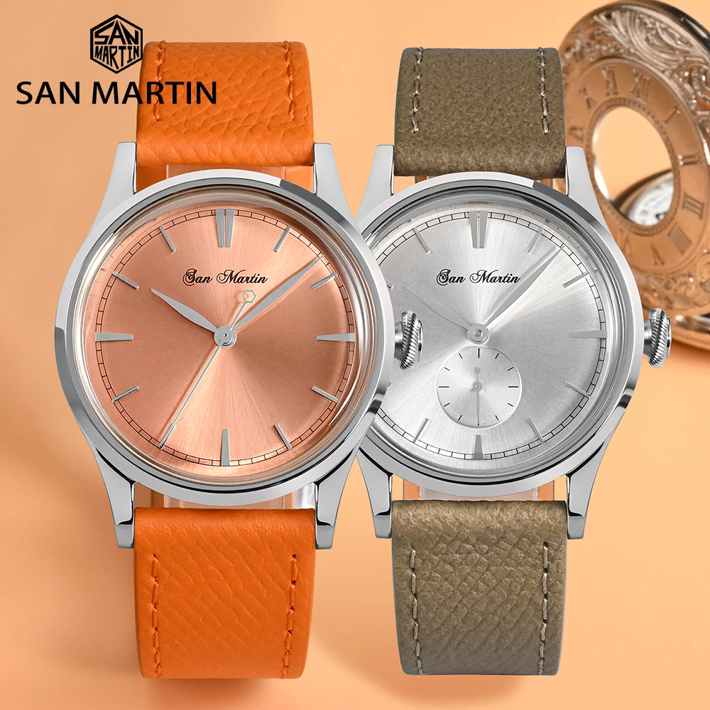 Top Trends: San Martin Mens Dress Watch 38mm Sunray Salmon Dial Ronda 715 / 6004 Quartz Movement Vintage Simple Watches 5 Bar Leather Strap Shoppable Styles - Image 2