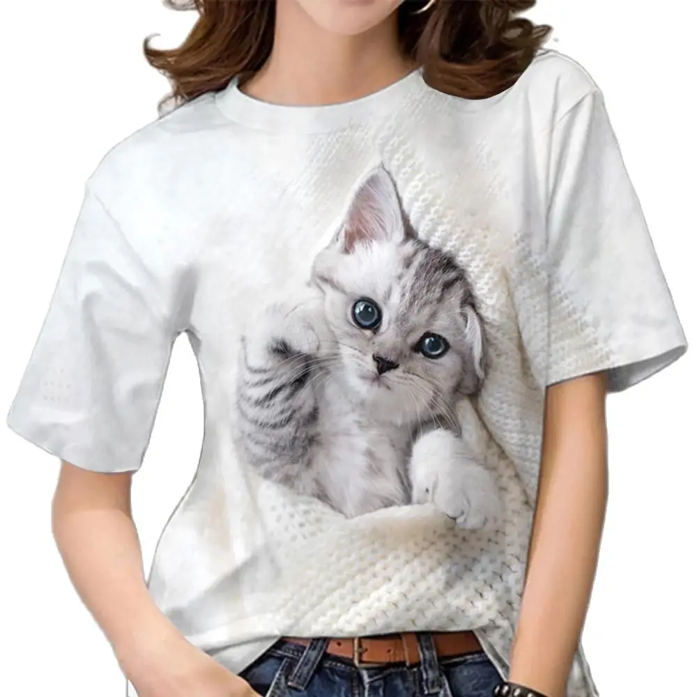 Top Trends: Women's T-shirt Kawaii Cat Print Short Sleeve Tees Fashion Leisure Ladies O-neck Loose Pullover Summer Trend Hip Hop Streetwear Shoppable Styles