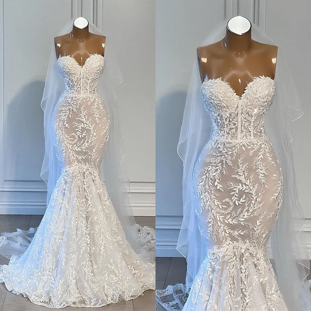 Top Trends: Glamorous Mermaid Wedding Dress Strapless Lace Appliques Bridal Gowns Custom Made Sleeveless Sweep Train Vestido De Novia Shoppable Styles