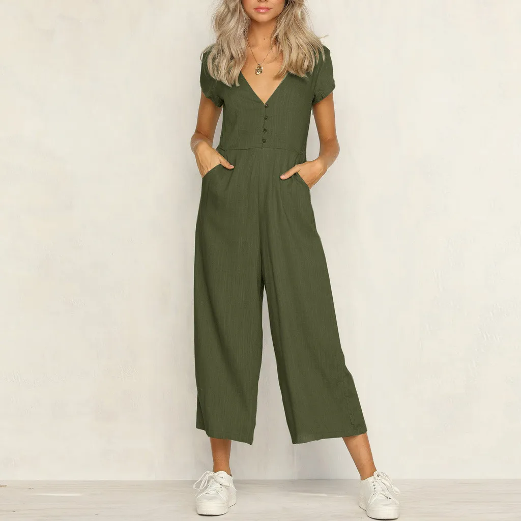 Top Trends: Elegant Solid Jumpsuit Women Summer Deep V Neck Button Shirt Overalls Short Sleeve Office Lady One Piece Romper Shoppable Styles