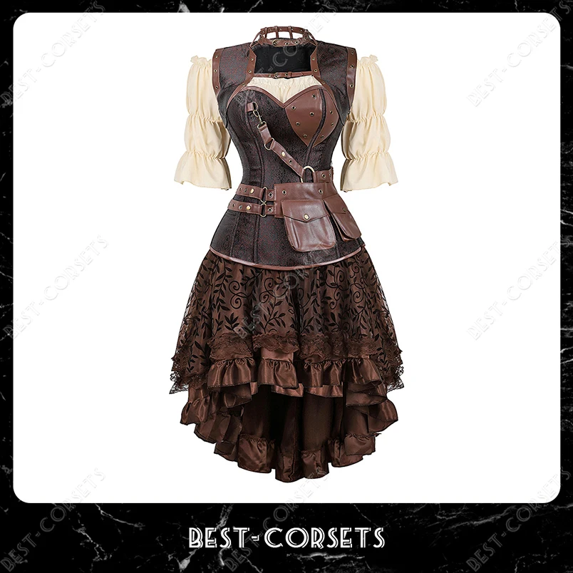 Top Trends: Steampunk Corset Dress Pirate Costume For Women Halloween Medieval Blouse Gothic Faux Leather Corset Dress With Straps Brown Shoppable Styles