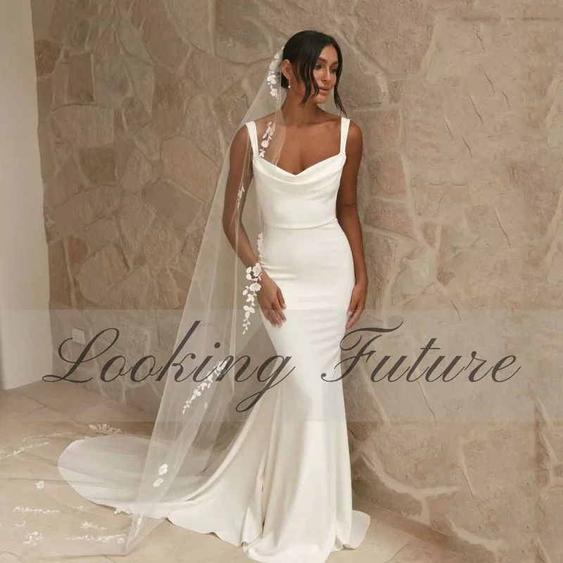 Top Trends: Elegant Satin Mermaid White Wedding Dress For Woman Square Collar Spaghetti Straps Bride Gown Illusion Backless With Button Robe Shoppable Styles