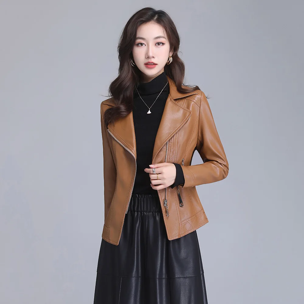 Top Trends: New Women Leather Jacket Spring Autumn Fashion Suit Collar Slim Biker Coat Split Leather Outerwear Sheepskin Streetwear Tops Shoppable Styles