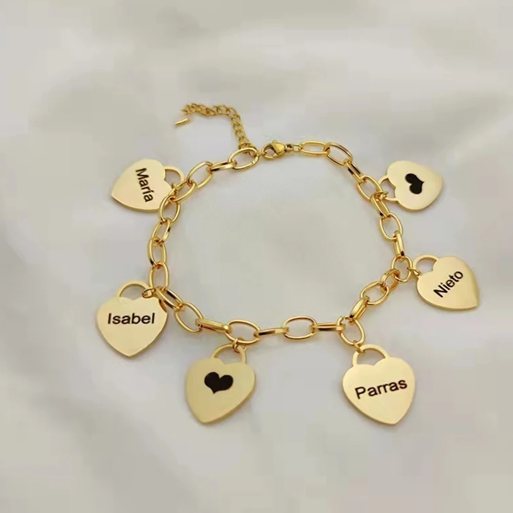 Top Trends: Customized Heart Bracelet For Women1-8 Names Engraved Hearts Charms Pendant Stainless Steel Bracelets For Women Jewelry Shoppable Styles