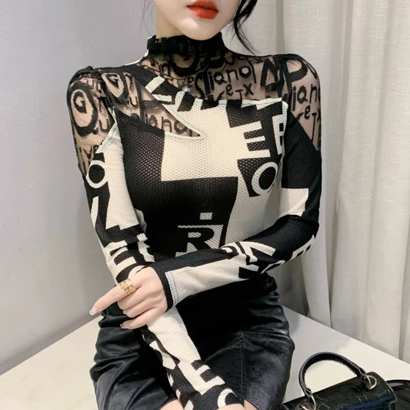 Top Trends: #8372 Spring Long Sleeve T Shirt Women Hollow Out Turtleneck T-Shirt Female Tight See Through Mesh Elastic Women&#039;s T-shirt Shoppable Styles