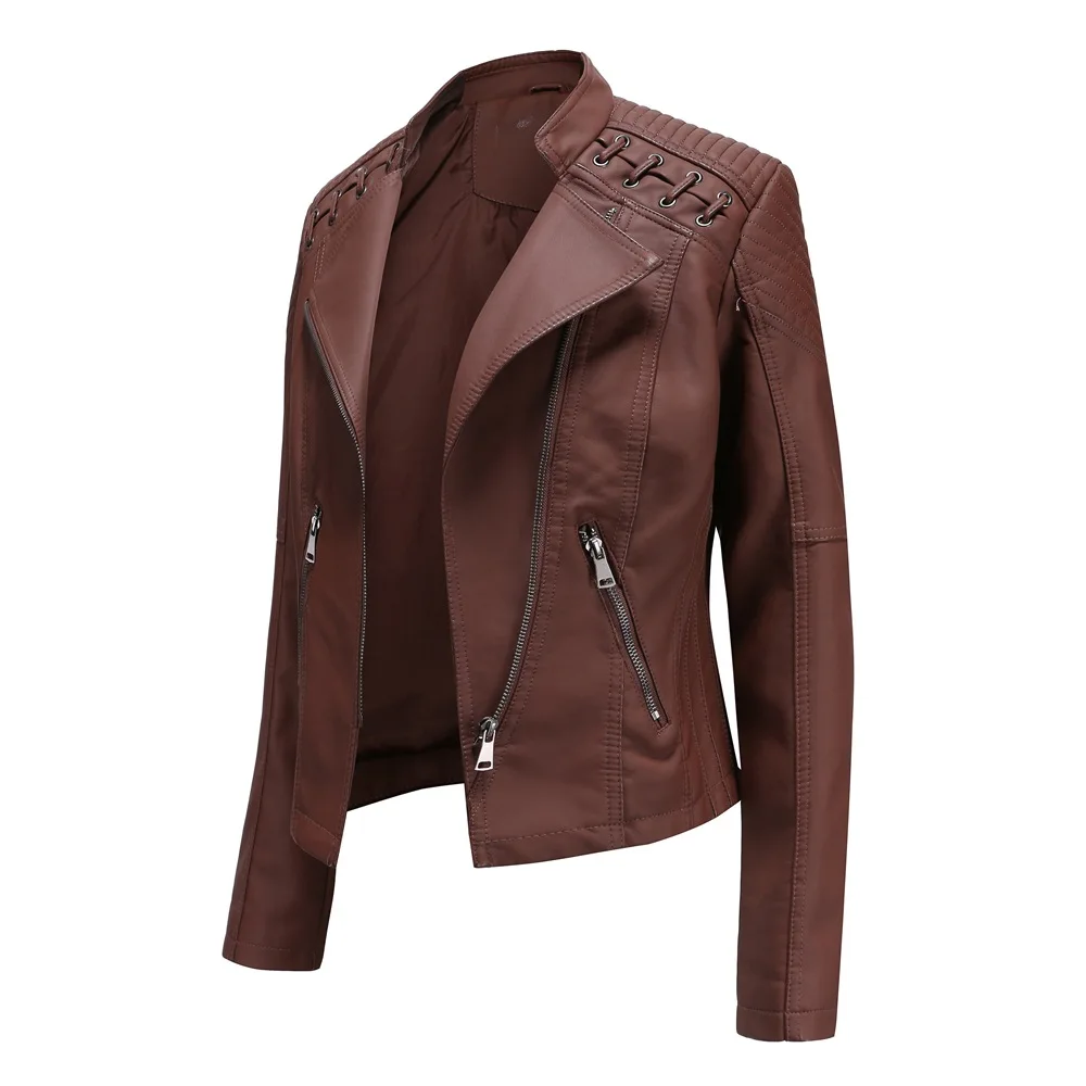 Top Trends: Women Faux Leather Jacket European Size Coat 2023 New Spring Autumn Moto Biker Zipper Jacket Purple Coffee Yellow Red Brown Navy Shoppable Styles - Image 4