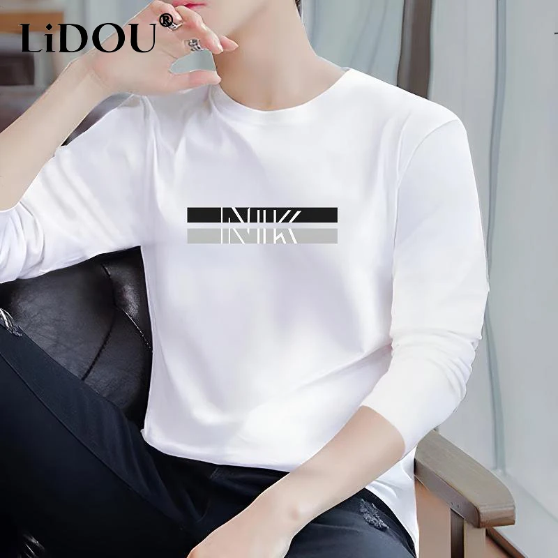 Top Trends: Autumn Winter Pure Cotton Solid Casual Loose T-shirts Man Long Sleeve Fashion Y2K Print Homme Tops Letter Korean Pullover Male Shoppable Styles