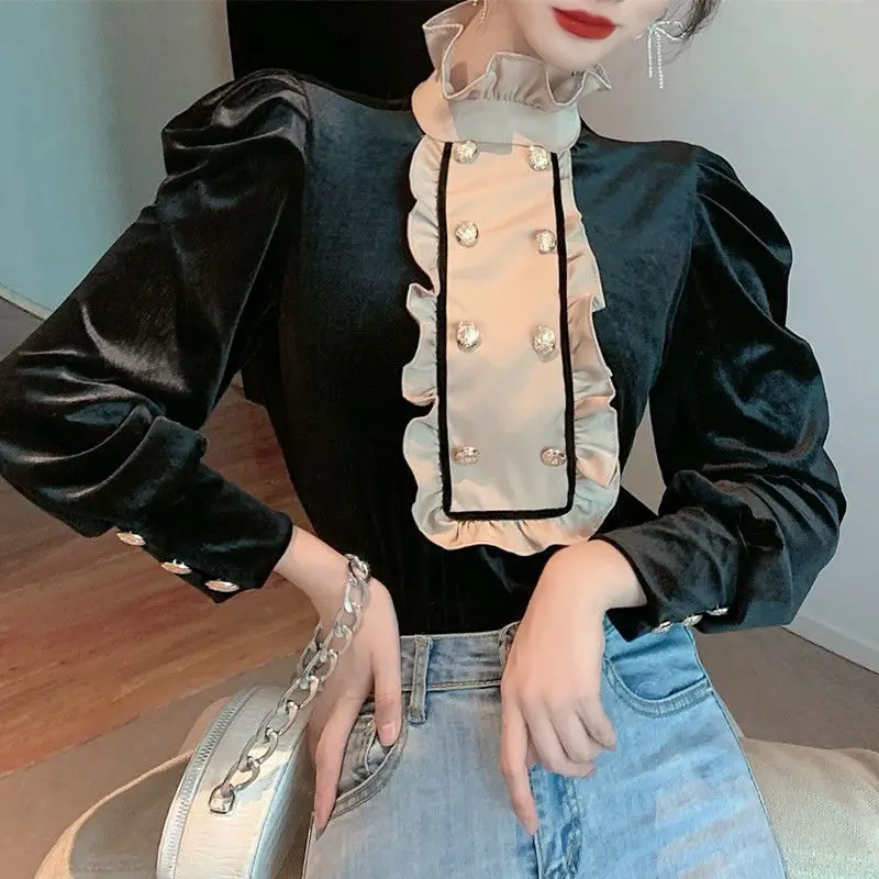 Top Trends: Fashion Butterfly Sleeve Spliced Button Ruffles Puff Sleeve Blouse Women&#039;s Clothing 2023 Winter New Casual Pullovers Sweet Shirt Shoppable Styles