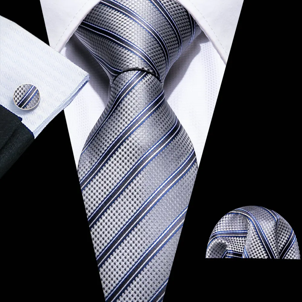 Top Trends: Barry.Wang Gray Business Silk Stripe Ties For Men Classic 8.5cm Wedding High Quality Handkerchief Cufflinks Sets Party Designer Shoppable Styles - Image 2