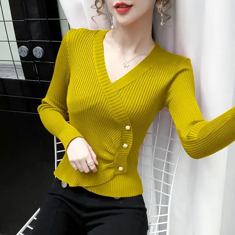 Top Trends: Elegant Women Solid Knitted Pullovers Long Sleeve V-Neck Autumn Winter Button Slim Irregular Fashion Female Chic Casual Sweaters Shoppable Styles