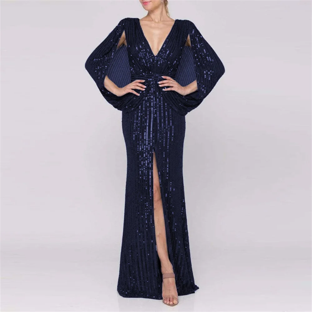 Top Trends: Sequined Maxi Formal Dress Women Sexy Deep V Neck Stretchy Batwing Long Sleeve High Split Prom Dresses Female Evening Party Gown Shoppable Styles