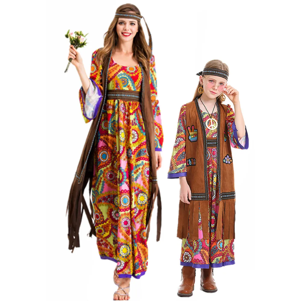 Top Trends: Halloween Women 70s Peace Love Hippie Costumes Adult Kids Girls Indian Tassels Hippie Costume Purim Mardi Gras Party Fancy Dress Shoppable Styles