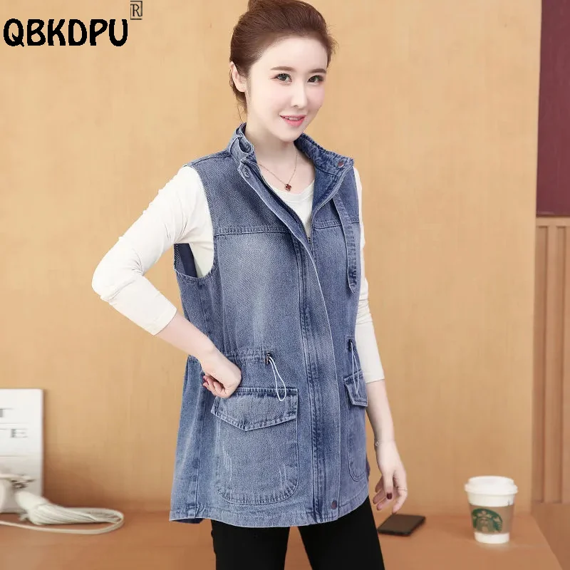 Top Trends: Lace Up Plus Size Denim Vest Women 95kg Korean Fashion Stand Collar Loose Waistcoat Blue / Black Vest Sleeveless Jean Jacket Lady Shoppable Styles