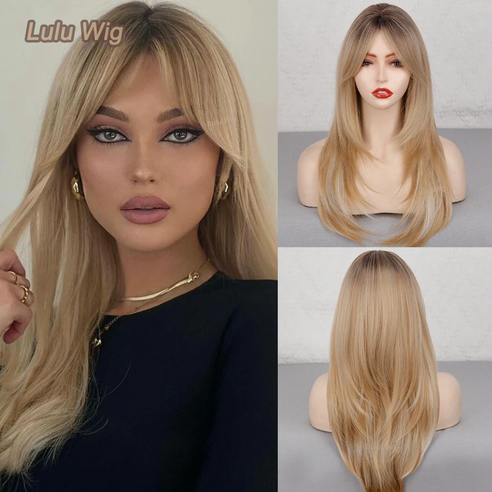 Top Trends: Long Blonde Wigs For Women Layered Synthetic Hair Wig With Dark Roots Ombre Black Blonde Ash Wigs With Bangs For Daily Party Shoppable Styles