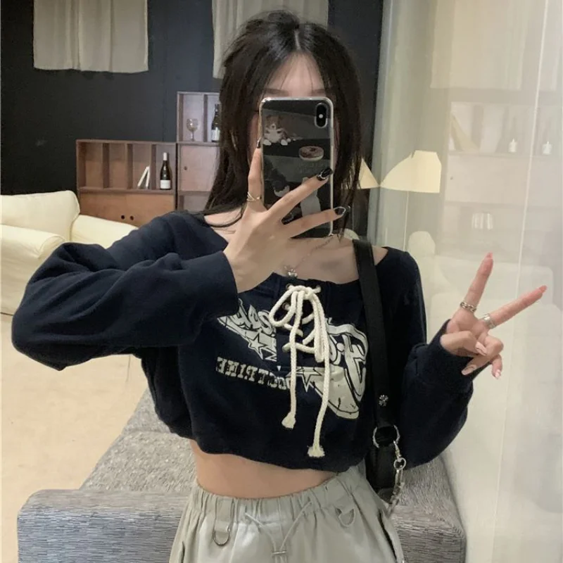 Top Trends: Deeptown Coquette Japanese Y2k Off Shoulder Sweatshirts Women Kpop Vintage Graphic Hoodies Korean Long Sleeve Beige Crop Outfits Shoppable Styles - Image 6