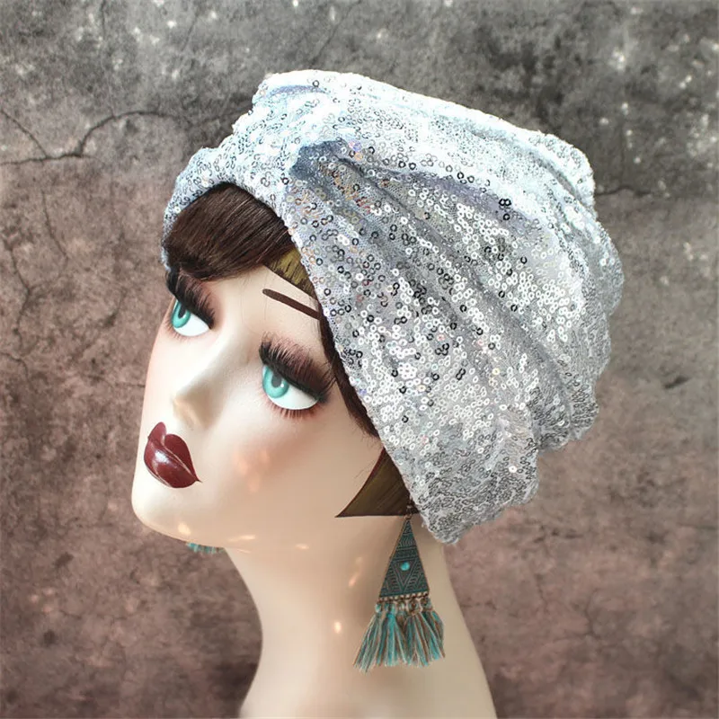 Top Trends: Fashion Women Shining Sequins Turban Cap Muslim Headwear Bonnet Knotted Female India Hats Arab Head Wraps Headdress Shoppable Styles