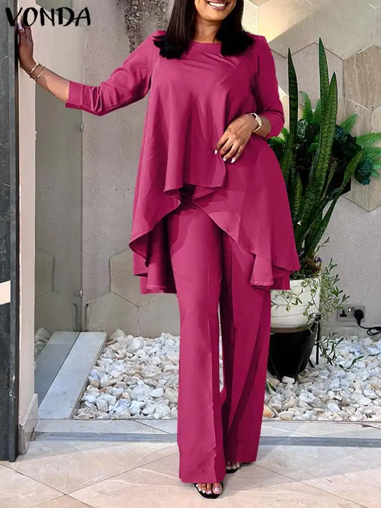 Top Trends: Plus Size 5XL VONDA 2024 Women Pant Sets Fashion Long Sleeve Asymmetrical Tops And Elastic Waist Casual Solid Suits 2pcs Sets Shoppable Styles