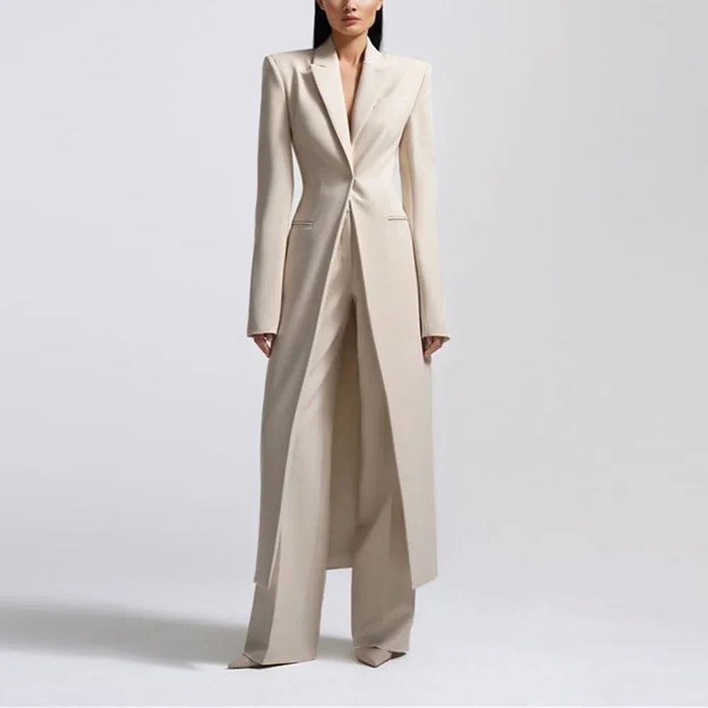 Top Trends: High-end Women Pants Sets Office Lady Formal Slim Fit 2 Piece Fashion Peak Lapel One Button Long Coat Solid Color Custom Suits Shoppable Styles