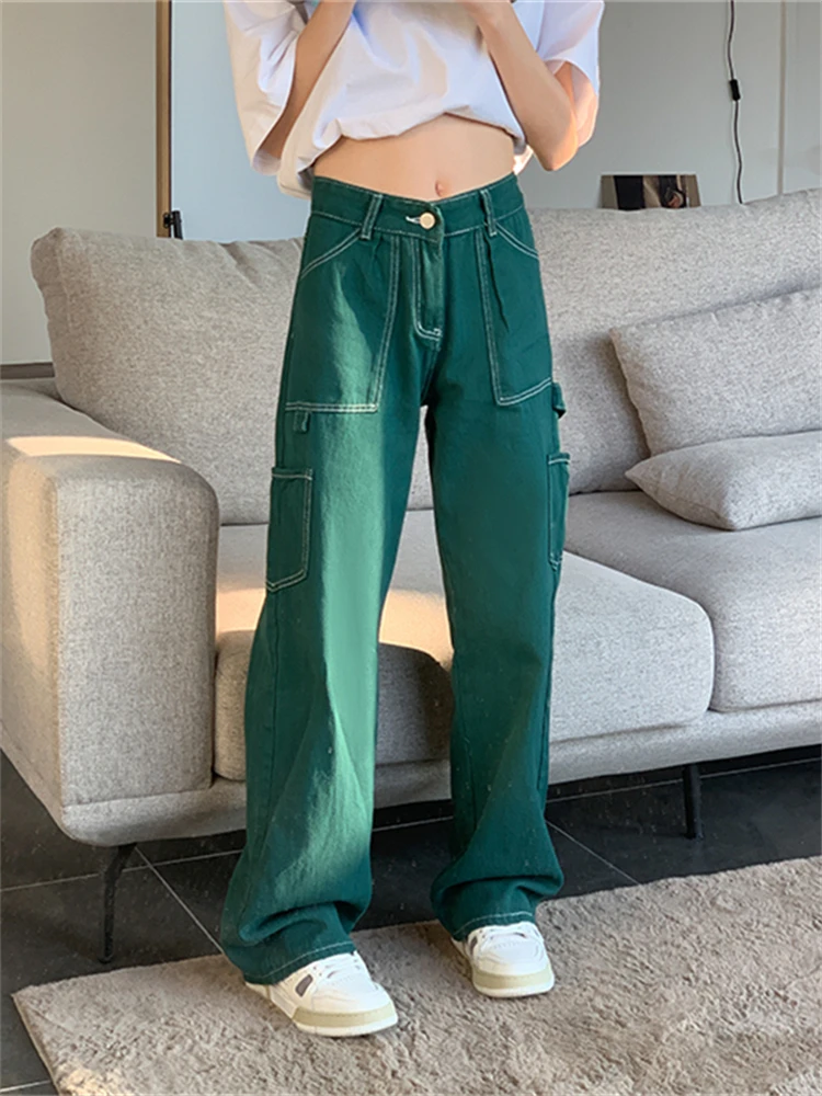 Top Trends: Green Cargo Pants Personalized Wide Leg Pant Fashion Jeans Woman High Waist Y2k Straight Baggy Pants Streetwear Denim Trousers Shoppable Styles