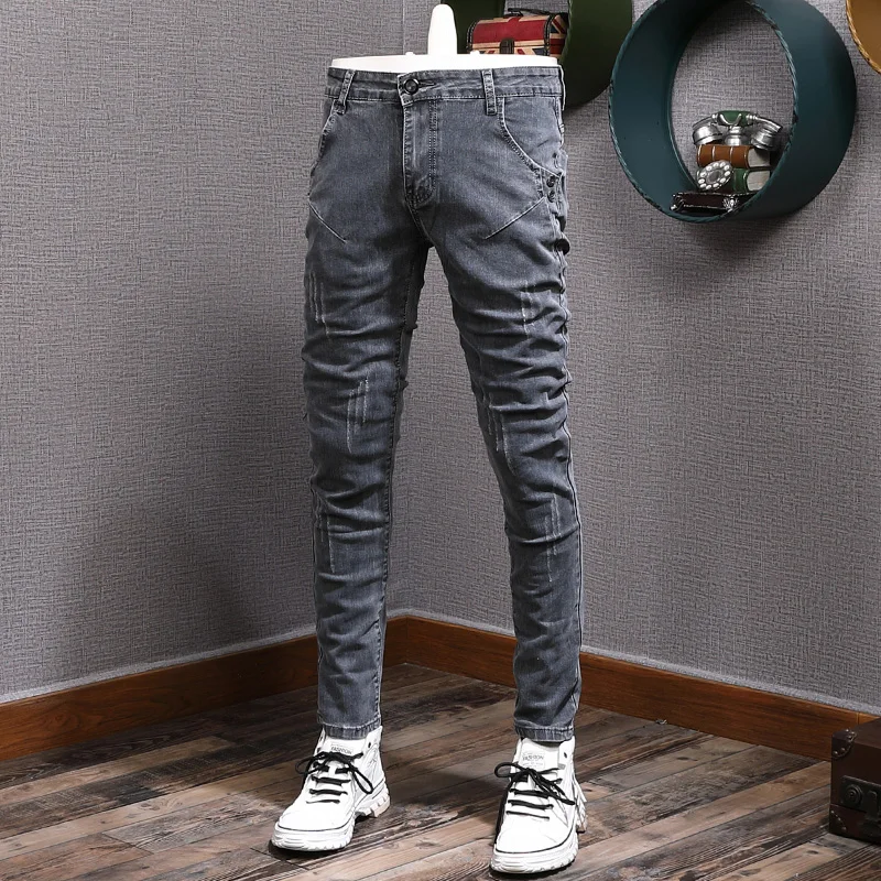 Top Trends: Fashion Designer Men Jeans Retro Gray Stretch Slim Ripped Jeans Men Elastic Trousers Vintage Casual Denim Pencil Pants Hombre Shoppable Styles