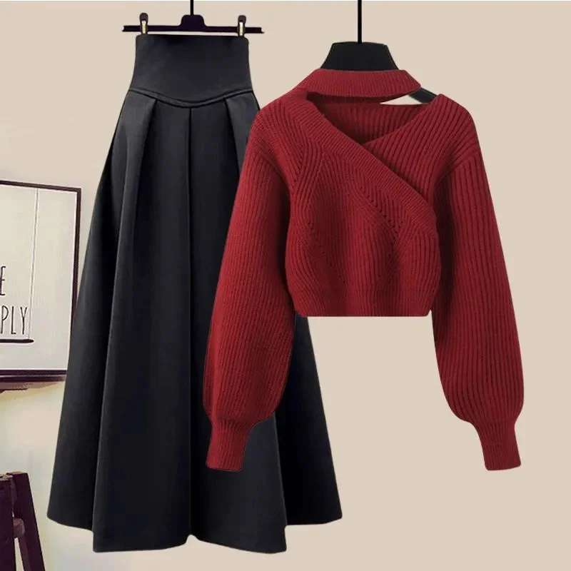 Top Trends: Winter Knitted Dress Sets For Women Outfits Korean Casual Red Pullover Sweater And High Waisted A-line Skirts Two Piece Sets New Shoppable Styles