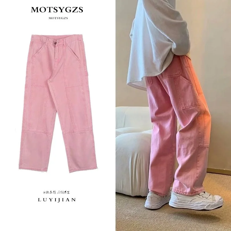 Top Trends: Summer Pink Jeans Men Fashion Retro Pocket Cargo Jeans Men Streetwear Hip Hop Loose Straight Denim Pants Mens Trousers S-3XL Shoppable Styles