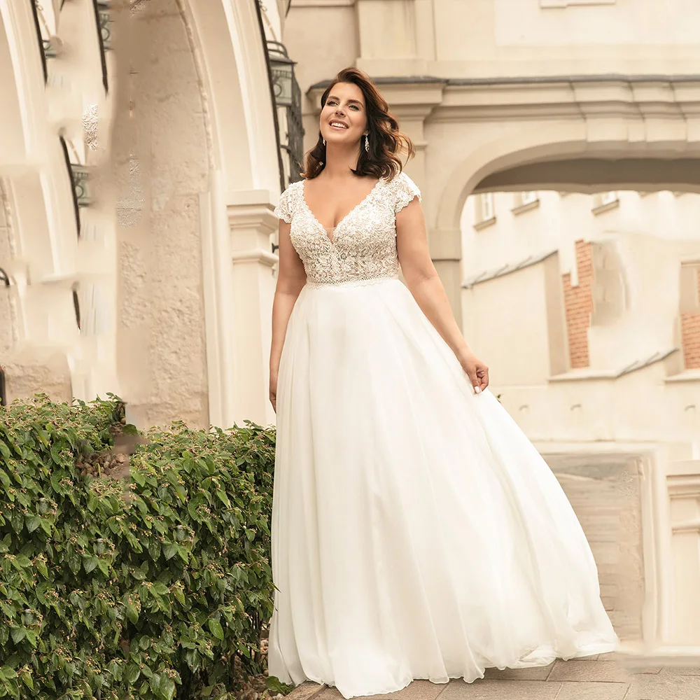 Top Trends: Classic Chiffon Wedding Dresses Plus Size V-Neck Cap Sleeves Bride Gowns Lace Back Button Sweep Train A-Line Vestido De Novia Shoppable Styles