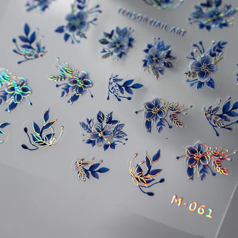 Top Trends: Acrylic Engraved Nail Sticker Holographi Blue Flowers Gold Line Self-Adhesive Nail Transfer Sliders Wraps Manicures Foils Z0661 Shoppable Styles - Image 4