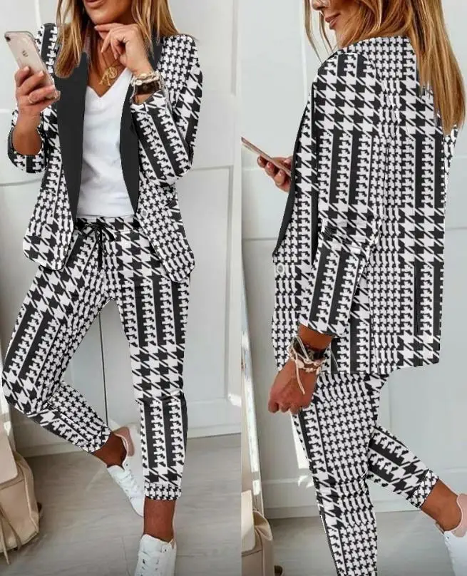 Top Trends: Two Piece Sets Women Outfits Fashion Long Sleeve Houndstooth Print Elegant Blazer Coat & Drawstring Work Pants Set 2023 Autumn Shoppable Styles