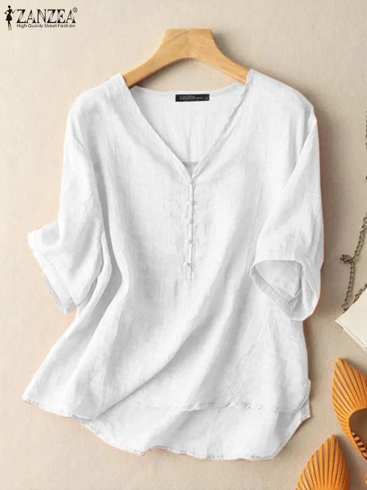 Top Trends: ZANZEA Summer Women Fashion Blouse 3 / 4 Sleeve V-Neck Cotton Tops Female Solid Color Korean Blouses Elegant Casual Chemise 2023 Shoppable Styles - Image 4