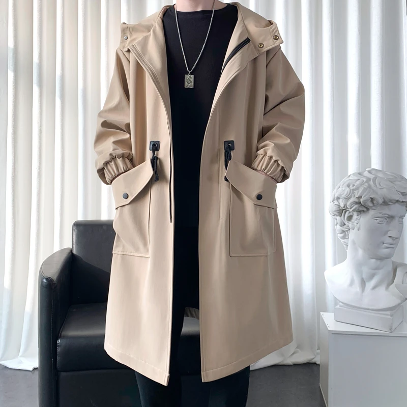 Top Trends: Long Trench Coat Jacket Men Cotton Autumn Spring Black Hip Hop Japanese Coats Streetwear Men's Hooded Army Green Casual Jackets Shoppable Styles - Image 4